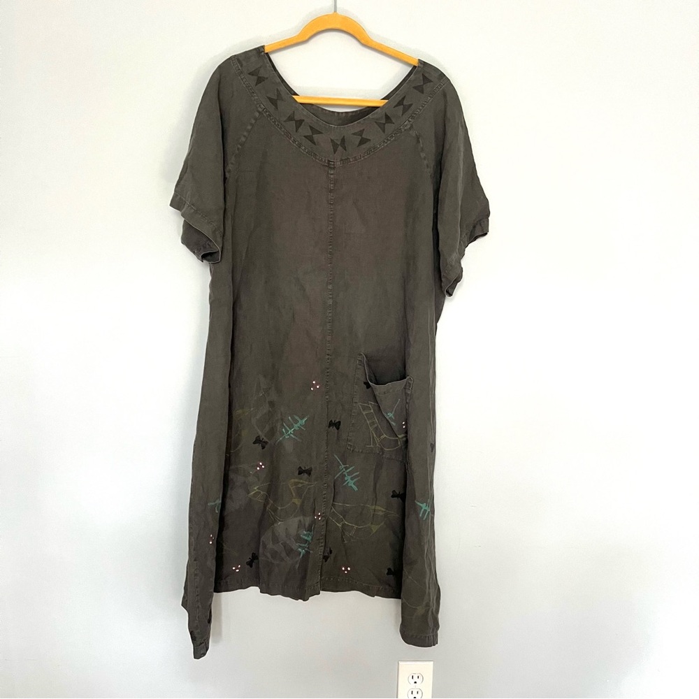 Blue Fish Hand Painted Gray Linen Dress Plus Size One of a Kind Butterfly Bird
